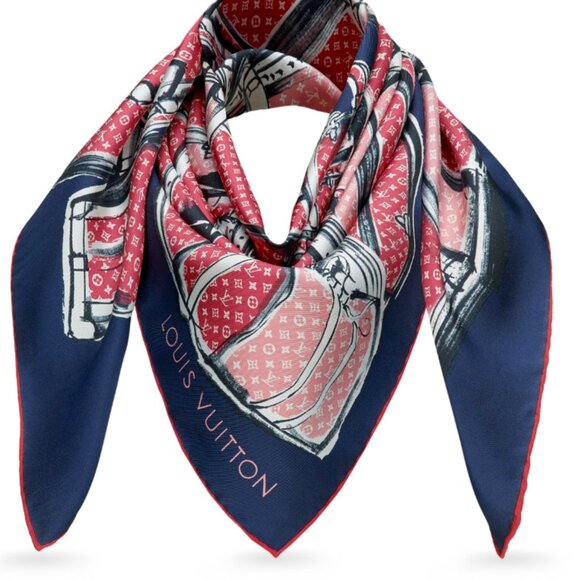 New Louis Vuitton Scarf Trunks Luggage Monogram Blue Red Silk Wrap - Picture 16 of 16